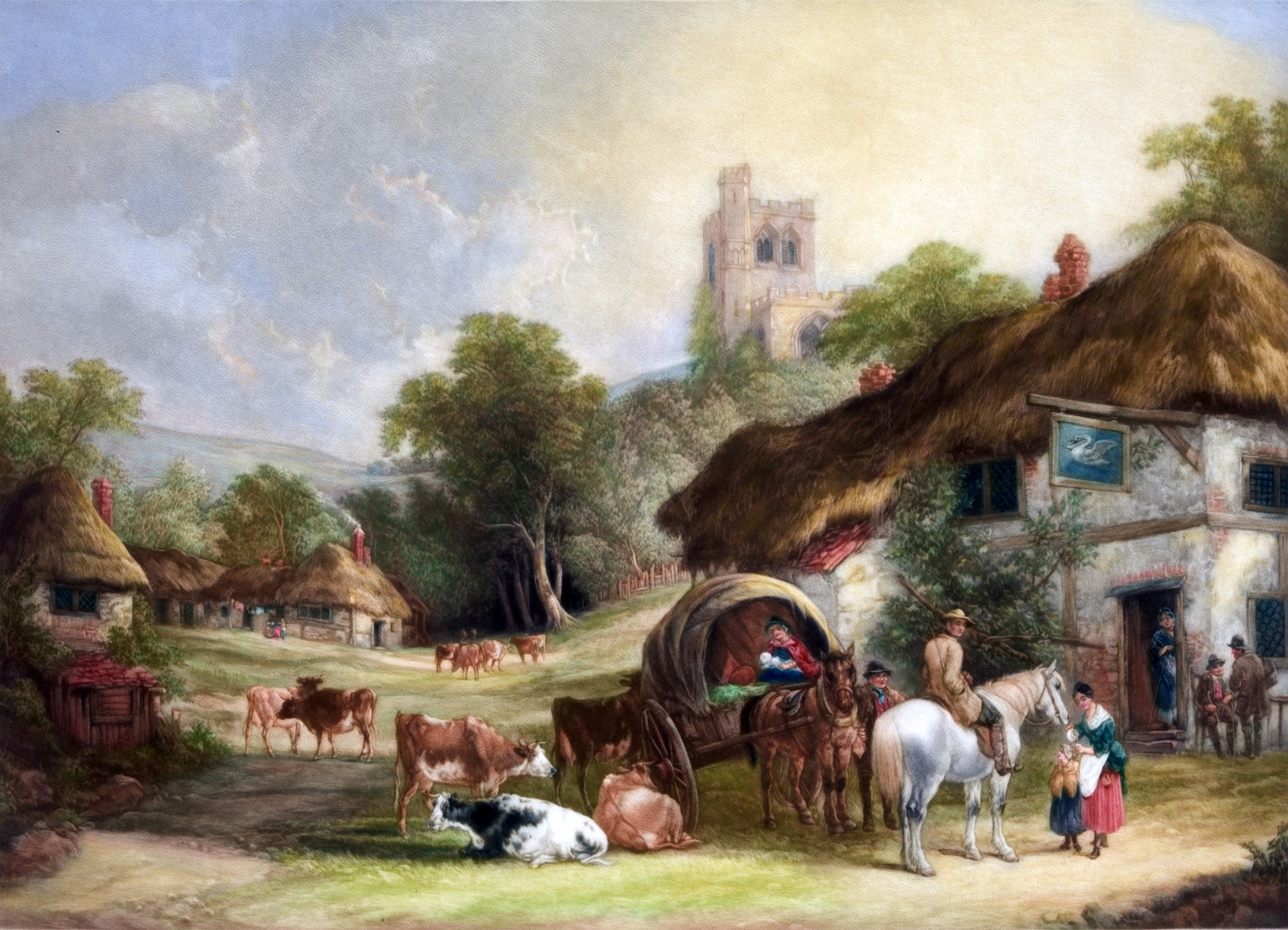 1920x1387 English Country Village Painting Free Stock Photo - Old Village Painting