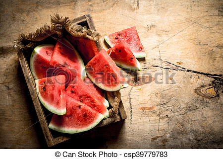 450x320 Pieces Of Chopped Watermelon In An Old Box. On Wooden Background. - Old Watermelon Painting