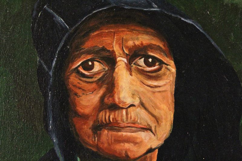 800x533 Mid Century Wise Old Woman Oil Painting Furnish Green - Old Woman Painting