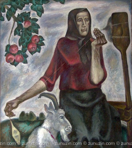 446x500 Oil Painting On Panel Old Woman With Goat By Zunuzin - Old Woman Painting