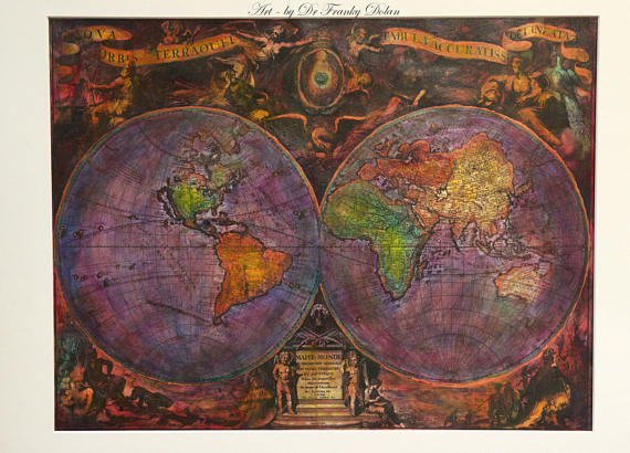 570x410 Hand Painted Old World Map. Antique Globe Map Matted 16x20 - Old World Painting