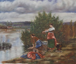 300x256 Women Washing Clothes At River 20 X 24 Hq Old World Painting - Old World Painting