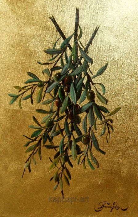 448x700 Still Life Painting On Canvas,original Oil Painting On Golg Leaf - Olive Branch Painting