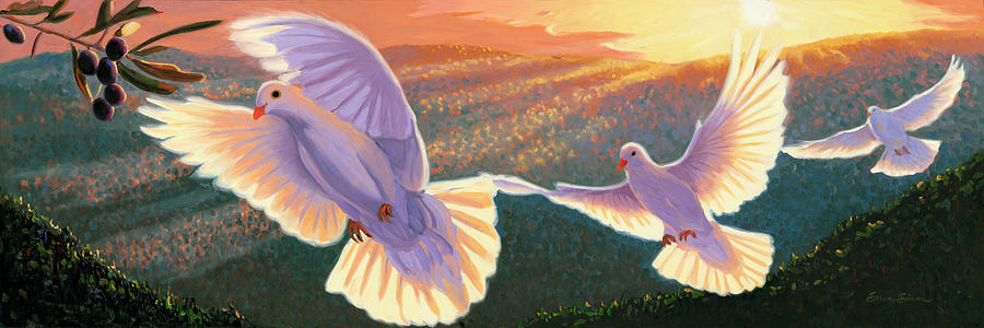 900x300 Doves And Olive Branch Painting By Steve Simon - Olive Branch Painting