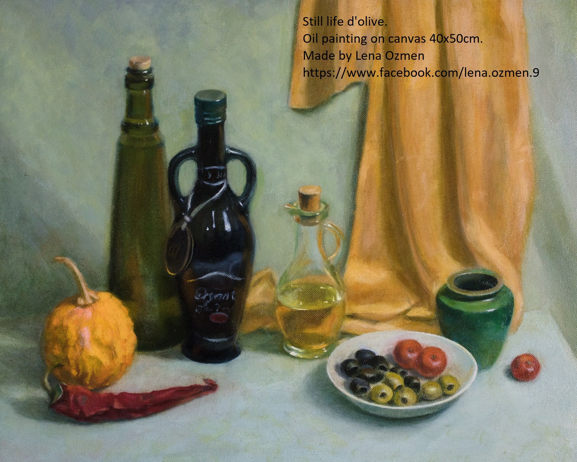 2000x1600 Still Life. Olive Oil, Olives And Pumpkin. Oil Painting On Canvas - Olive Oil Painting