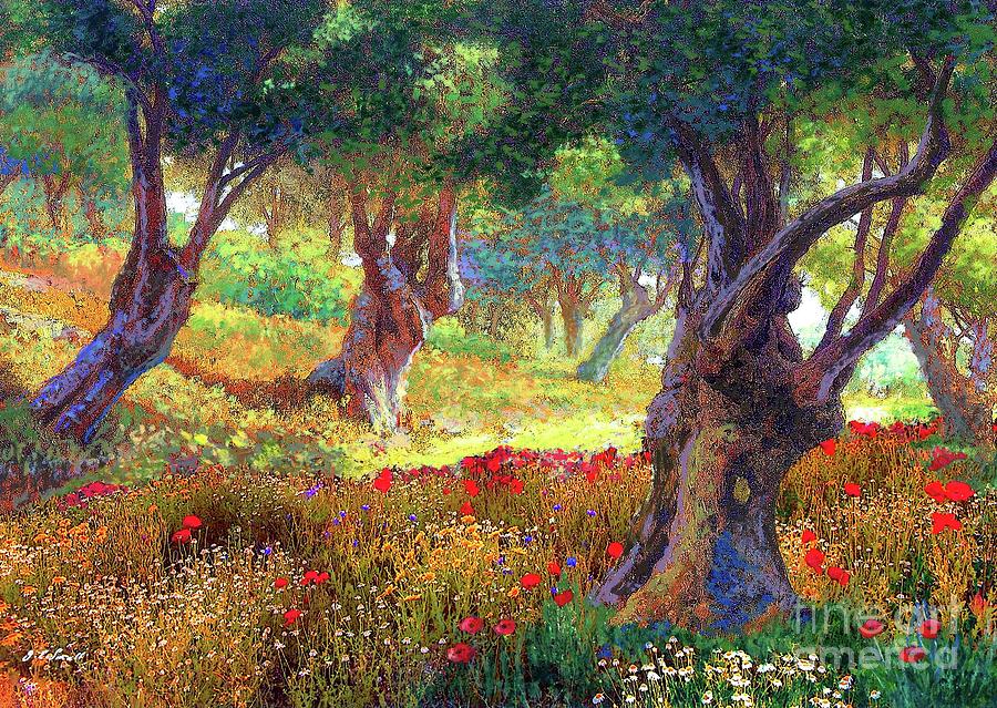 900x639 Tranquil Grove Of Poppies And Olive Trees Painting By Jane Small - Olive Tree Painting