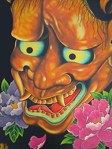 225x300 Hannya Noh Mask Japanese Art Tattoo Art Peony Flowers 8x10 Print - Oni Painting