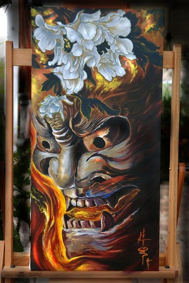 385x575 Forbidden Images Custom Tattoo Original Art Painting Oni Mask ! - Oni Painting