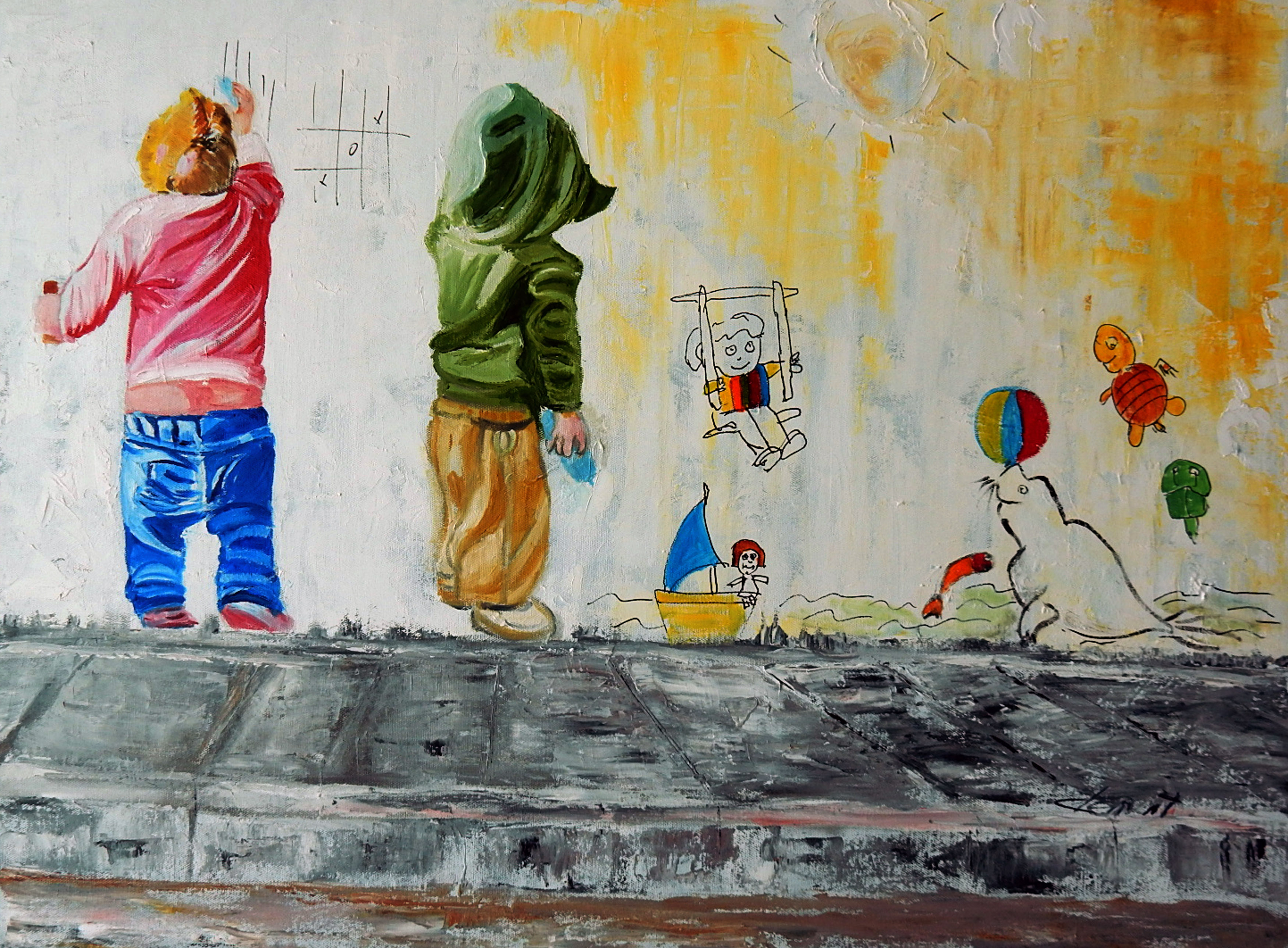 3500x2576 Op 045 Two Naughty Children Painting On Wall Clementstudio - Op Painting