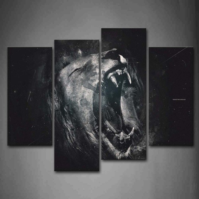 640x640 Black And White Lion Open Mouth Head Portrait Wall Art Painting - Open Mouth Painting