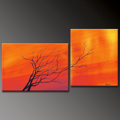 500x500 Tree Alone Orange Background 2 Panels Painting On Canvas - Orange Canvas Painting