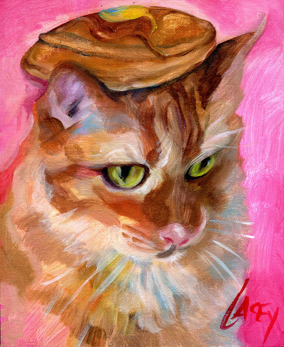576x703 Paintings Of Cats With Pancakes On Their Heads, By Dan Lacey - Orange Cat Painting
