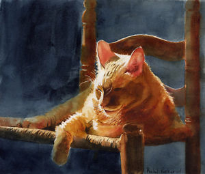 300x255 Giclee Print Of Orange Tabby Cat Art Watercolor Painting Sun Nap - Orange Cat Painting
