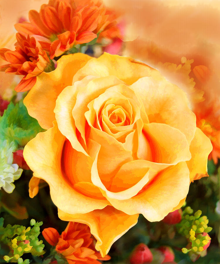 750x900 Water Color Yellow Rose With Orange Flower Accents Painting By - Orange Flower Painting