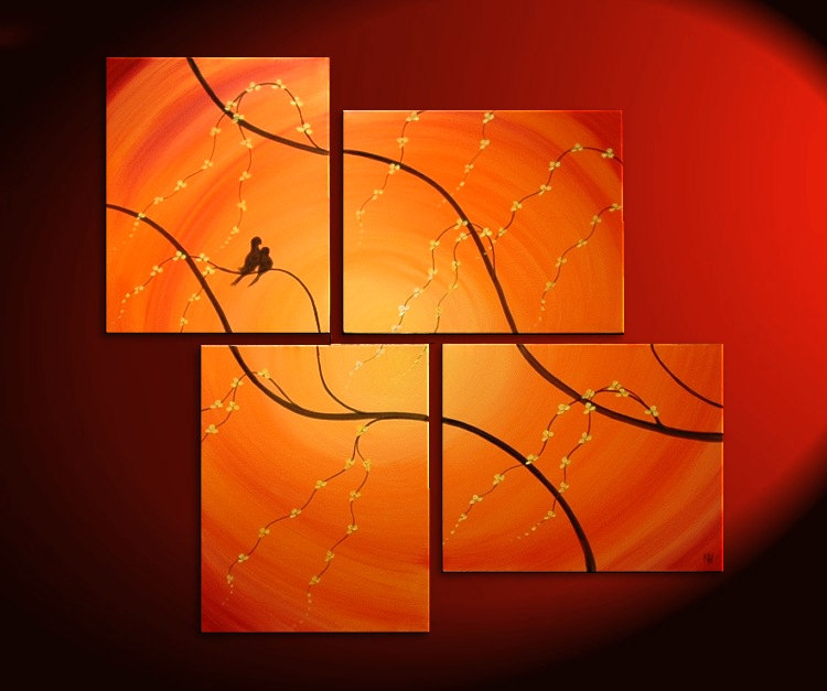 750x627 Love Bird Art Orange Painting Cherry Blossom Tree Cream Flowers - Orange Painting