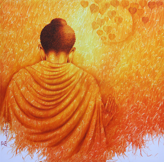 690x683 Pious Buddha Towards Nirvana By Artist Prince Chand - Orange Painting