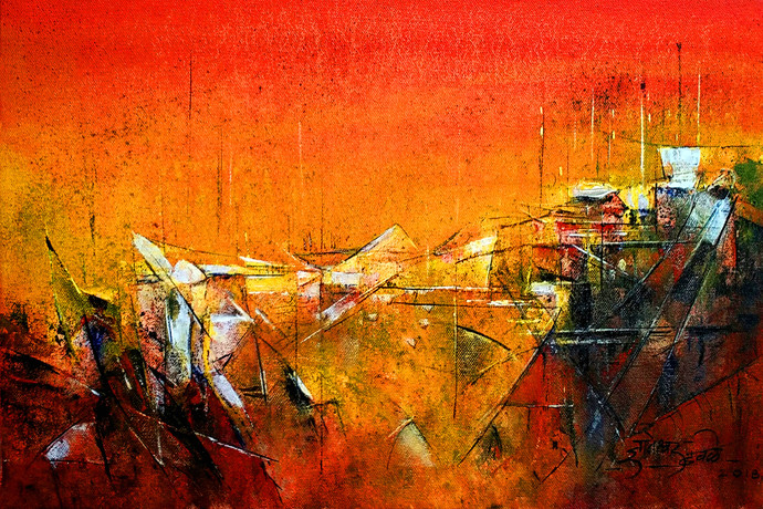 690x460 Red Ix By Artist Dnyaneshwar Dhavale Abstract, Painting - Orange Painting