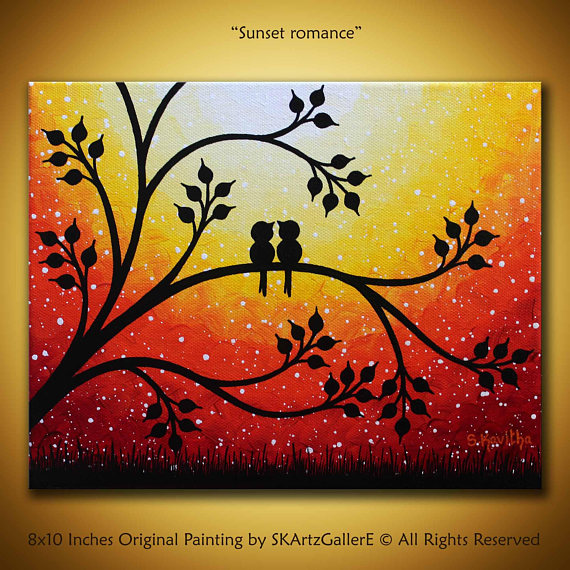 570x570 Love Birds Painting Original Sunset Art 8x10 Canvas Yellow - Orange Sunset Painting