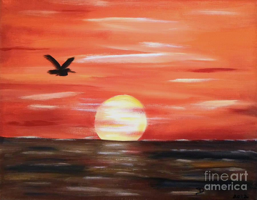 900x701 Pelican Orange Sunset North Painting By Diane Wigstone - Orange Sunset Painting