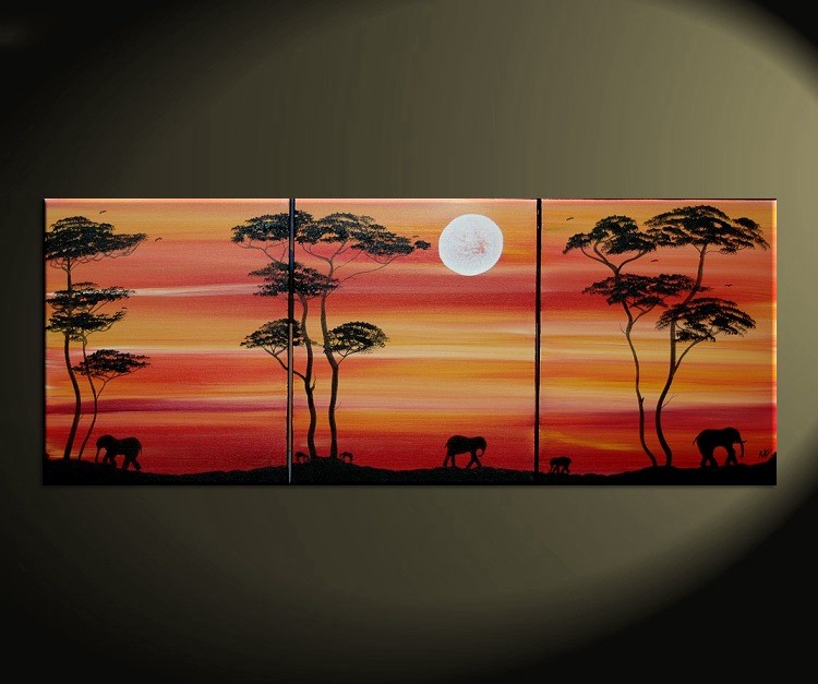 750x627 Abstract Sunset Painting African Elephant And Gazelle Art Acacia - Orange Sunset Painting