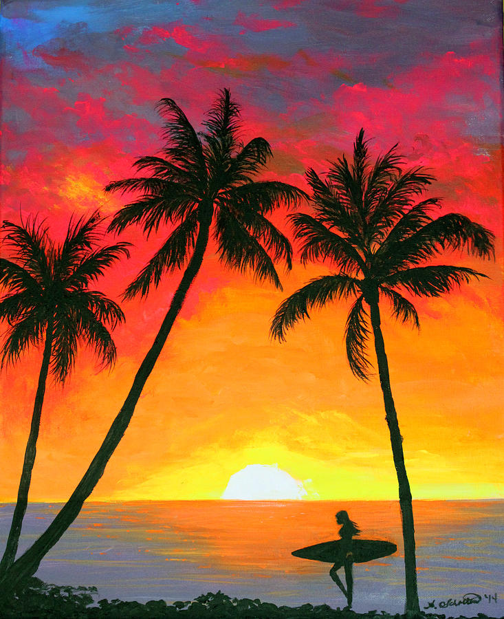 733x900 Tropical Sunset Surfer Painting By Amy Scholten - Orange Sunset Painting