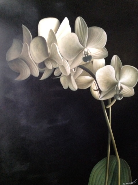 478x640 Black, White And Sage Color, Orchid Flower Oil Painting - Orchid Flower Painting