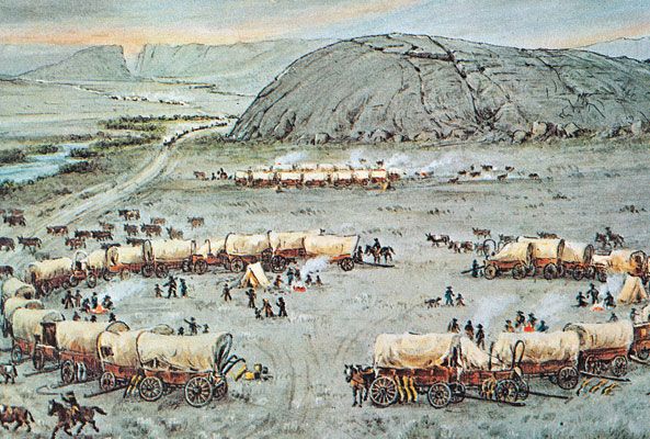 593x400 In This Classic Painting Of The Oregon Trail. (The Granger - Oregon Trail Painting