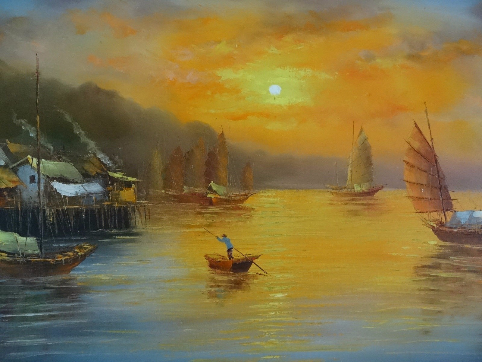 1600x1200 Gorgeous Very Large Oriental Sunset Seascape Vessel Oil Painting - Oriental Painting