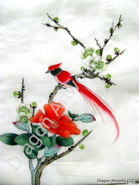 480x640 Oriental Silk Painting Of Red Bird, White Blossoms - Oriental Painting On Silk