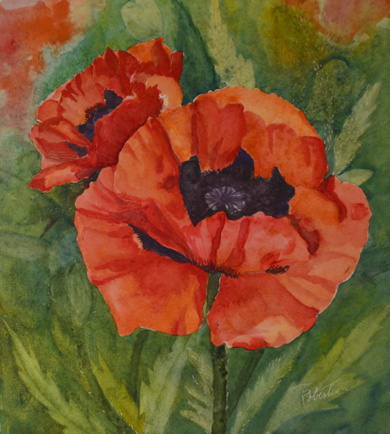 570x634 Floral Watercolor Painting Red Orange Oriental Poppies - Oriental Poppies Painting