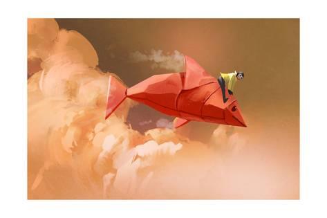 473x315 Girl Riding On The Origami Paper Red Fish In The Clouds - Origami Painting