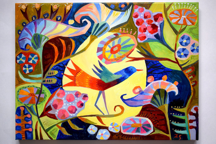 690x460 Birds And Flowers Original Oil Painting By Textile Gifts On Zibbet - Original Art Oil Painting