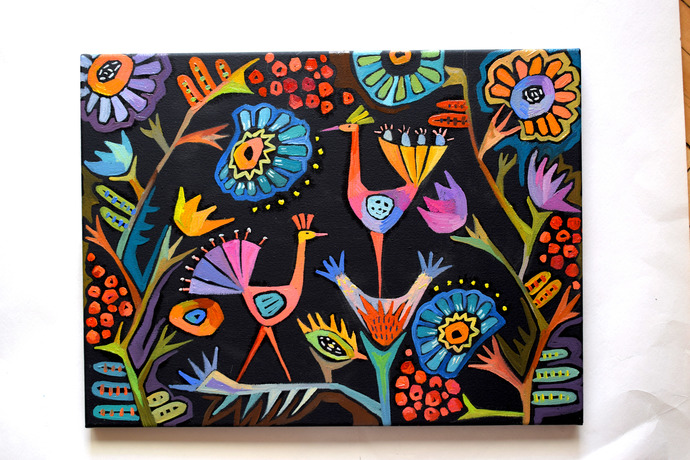 690x460 Flowers And Birds Folk Art Oil Painting By Textile Gifts On Zibbet - Original Art Oil Painting