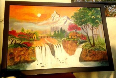 448x301 Scenery With Waterfall (Original Oil Painting On Board) - Original Oil Painting