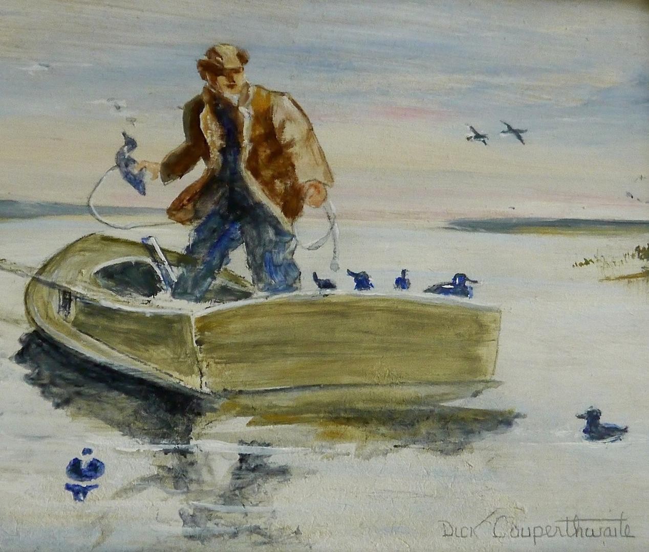 1268x1080 Original Oil Painting Dick Couperthwaite Fisherman On Lake Police - Original Police Painting