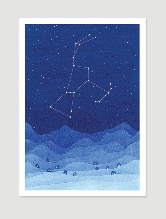 570x754 Watercolor Painting Orion Constellation Blue Mountains Giclee - Orion Constellation Painting