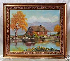 300x260 Old Canvas Oil Painting Cabin By River W. Ornate Gold Vintage - Ornate Painting