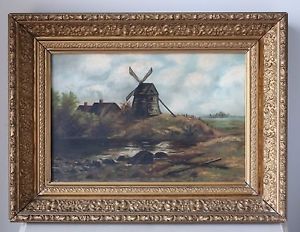 300x232 Vintage Oil Painting On Canvas Dutch Landscape Windmill Scene - Ornate Painting