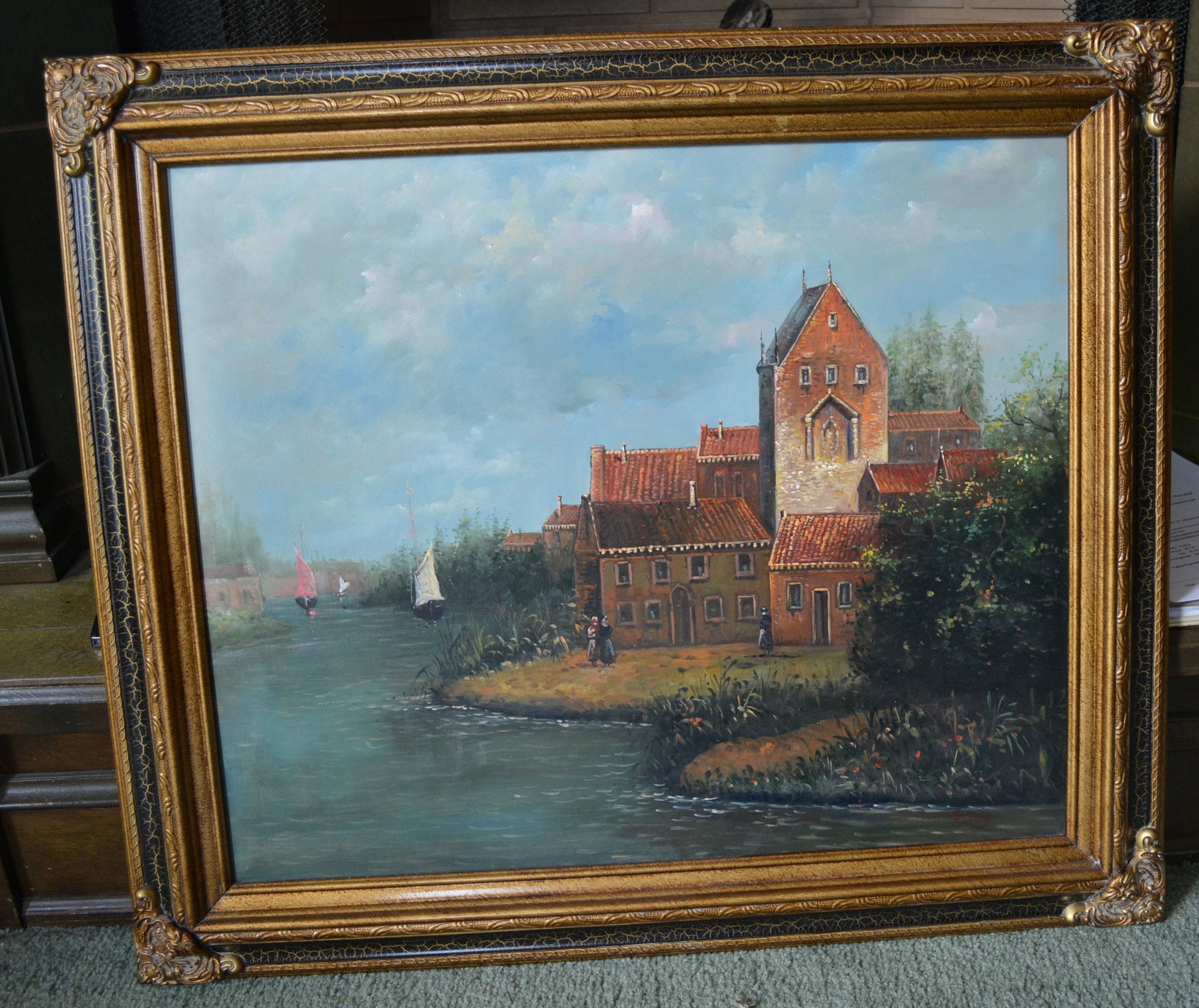 2048x1723 Vintage Signed Landscape Oil Painting European River Scene Sailboats O - Ornate Painting