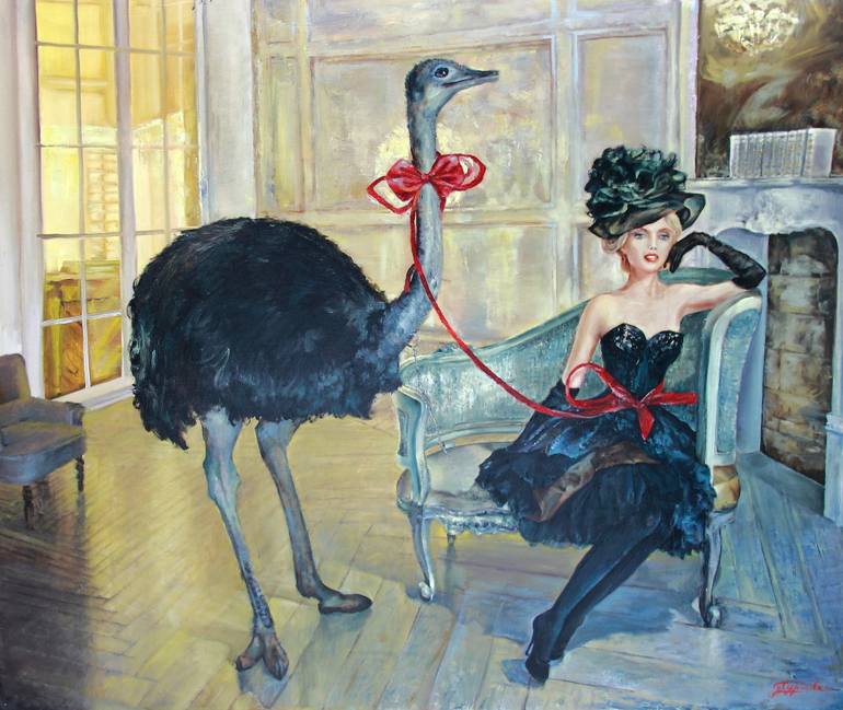 770x649 Saatchi Art Tea Time With Ostrich Painting By Alina Kuznyecova - Ostrich Painting