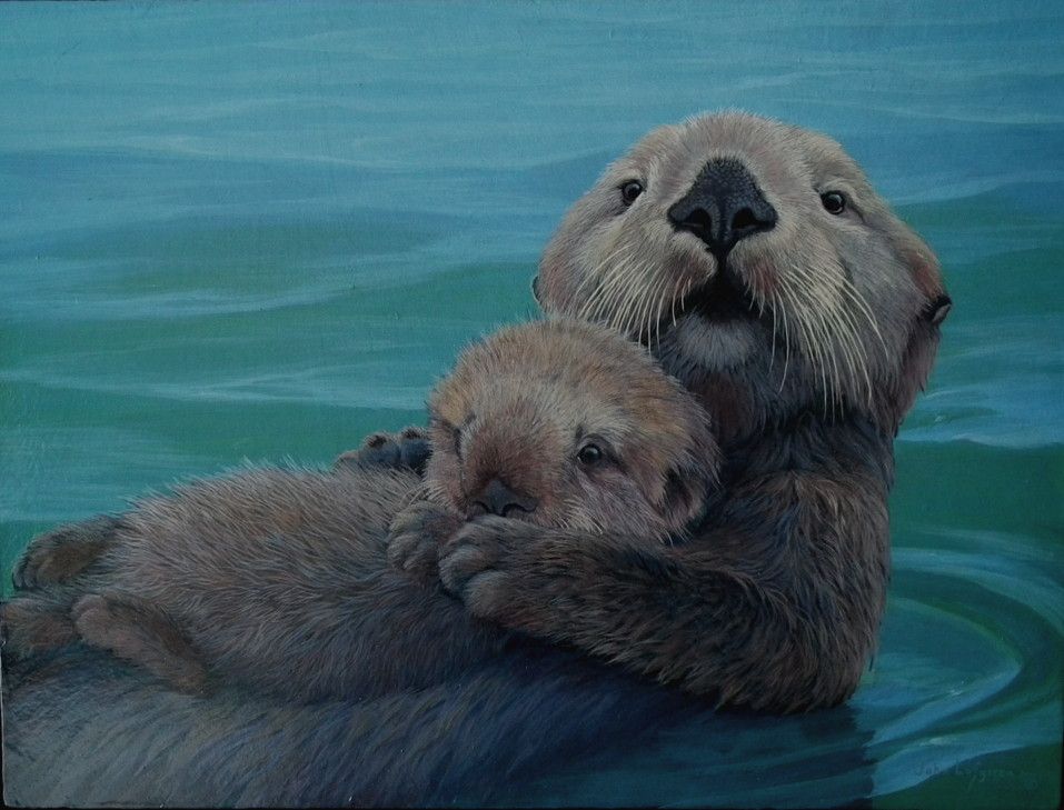 957x729 Otter Painting River Otter Painting Two Sea Otter Paintings - Otter Painting