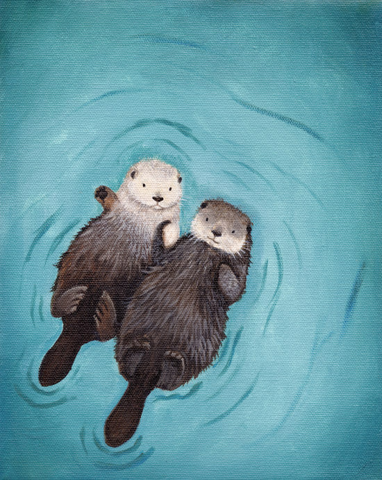 550x691 Otters Holding Hands Otterly Romantic Art Print Of Idealpin - Otter Painting