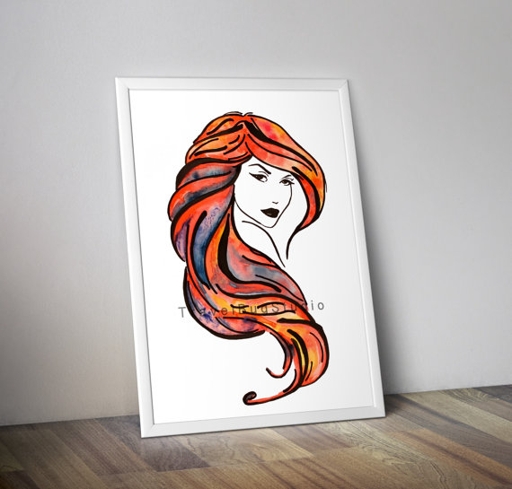 570x545 Woman Outline Red Hair, Watercolor Painting Print, Instant - Outline Painting