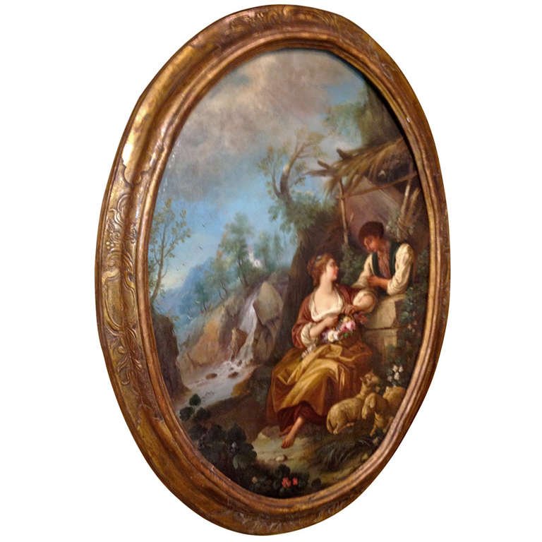 768x768 Large Oval French, 18th Century Genre Painting For Sale - Oval Painting
