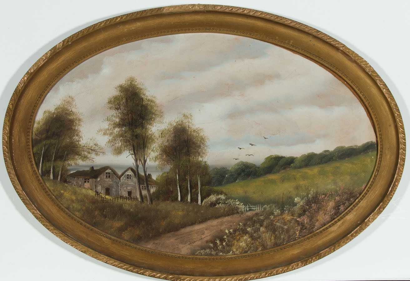 1312x900 Mid 20th Century Framed Oval Gouache Painting Building - Oval Painting