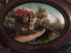 300x225 Oval Antique Reverse Glass Painting Convex Glass Wood Frame Bridge - Oval Painting