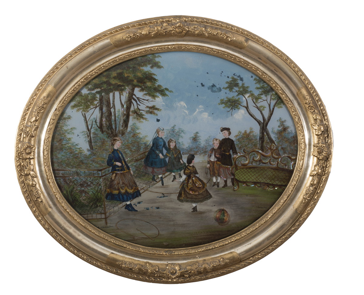 1200x972 Victorian Oval Reverse Painting On Glass Depicting Children - Oval Painting