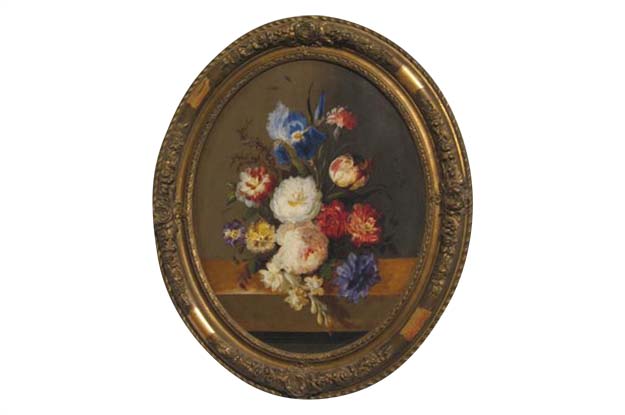 625x415 French Oval Floral Painting With Tulips, Roses And Irises In Gilt - Oval Painting