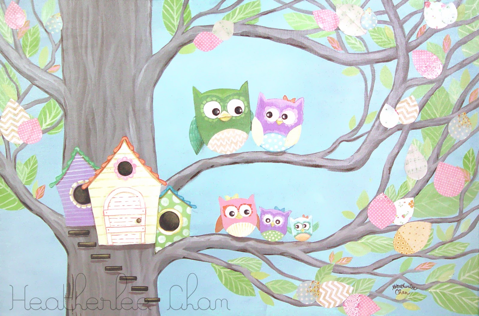 1600x1057 Lady Poppins Owl Family And Their House Painting For A Baby Nursery - Owl Family Painting