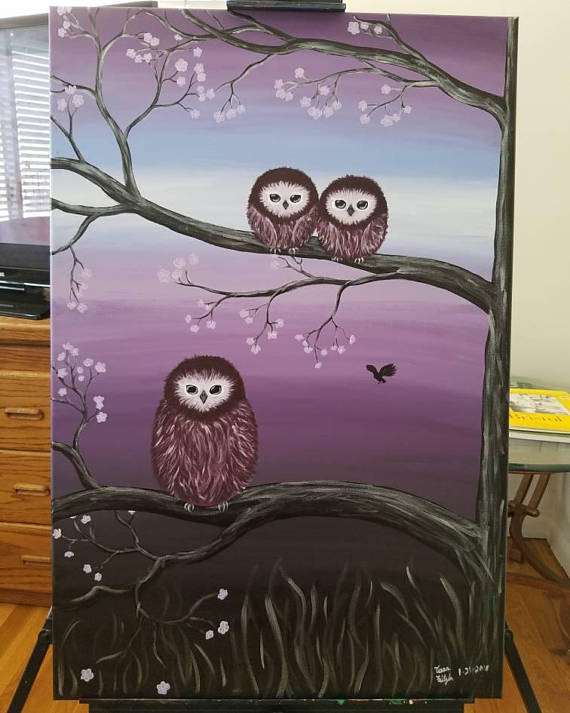 570x713 Little Owl Family Acrylic Original Painting - Owl Family Painting